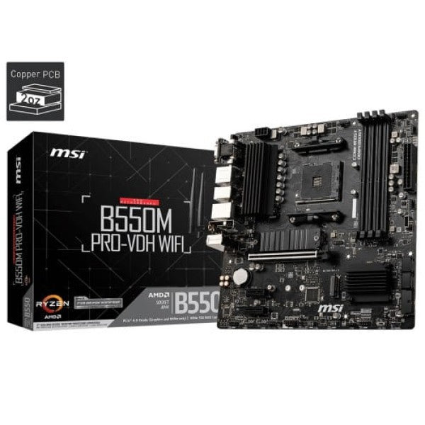 MSI B550M PRO-VDH WIFI motherboard shown with its retail box. MSI B550M PRO-VDH WIFI motherboard shown with its retail box.